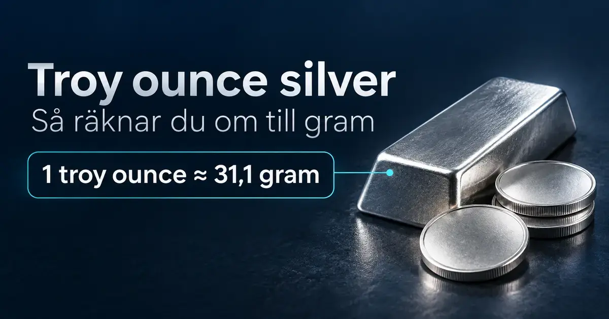Silvertacka och silvermynt med text som visar att en troy ounce motsvarar cirka 31,1 gram.