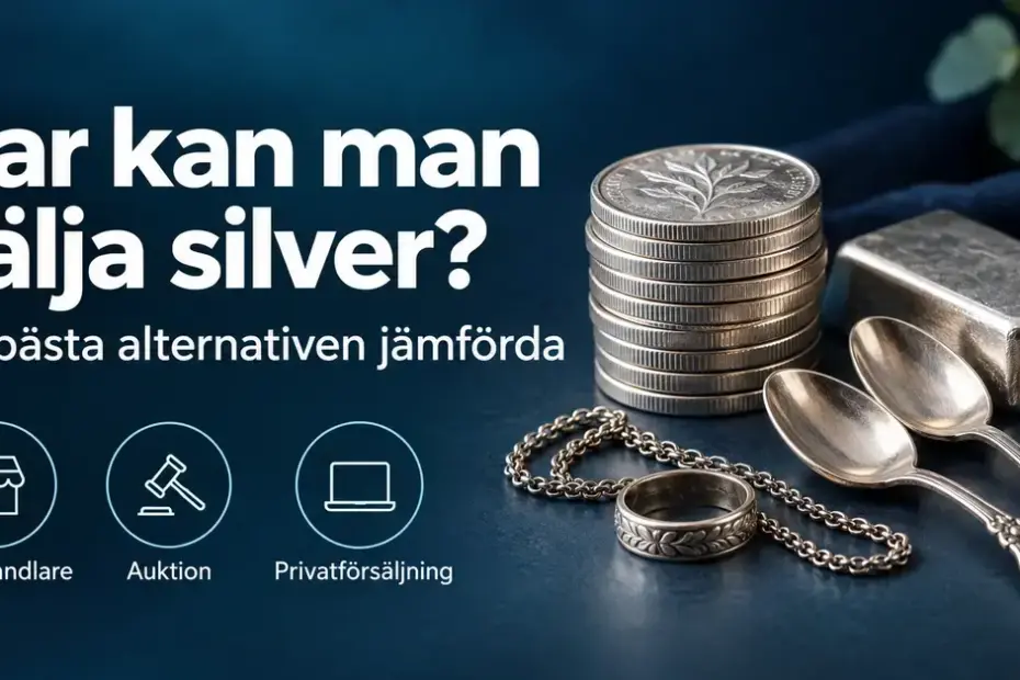 Silvermynt, en silvertacka, silverbestick och smycken tillsammans med symboler för silverhandlare, auktion och privatförsäljning.