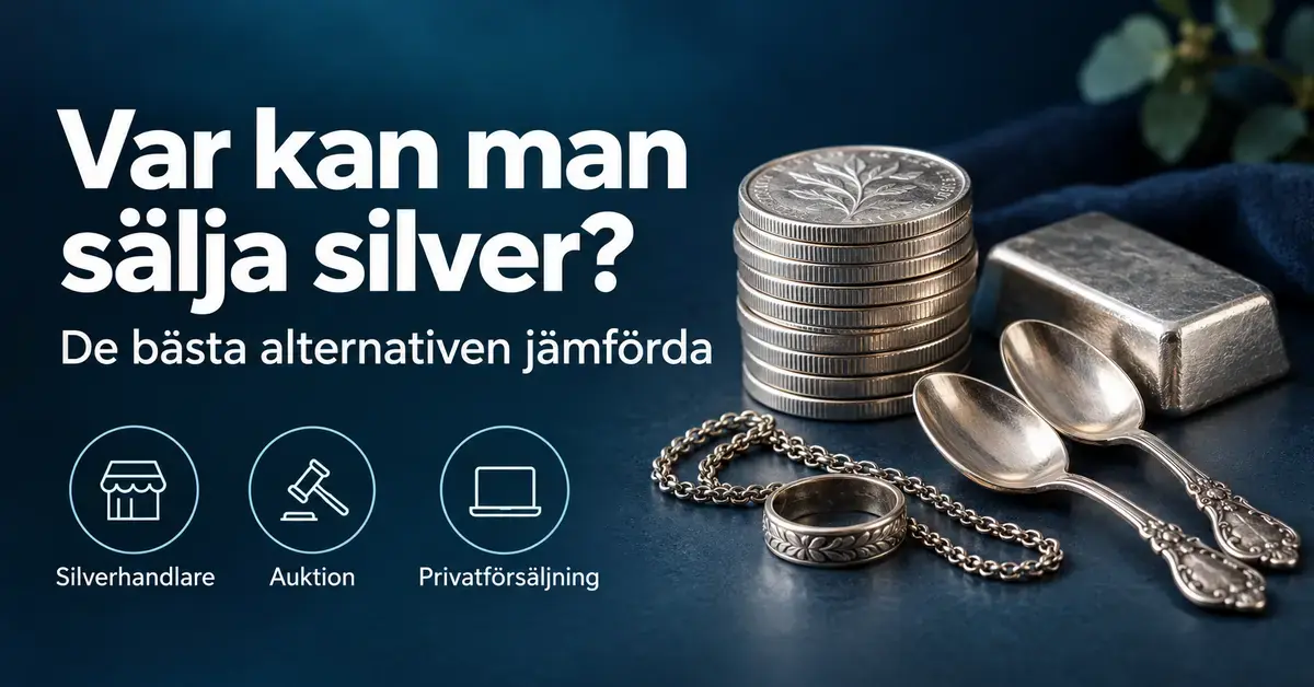 Silvermynt, en silvertacka, silverbestick och smycken tillsammans med symboler för silverhandlare, auktion och privatförsäljning.